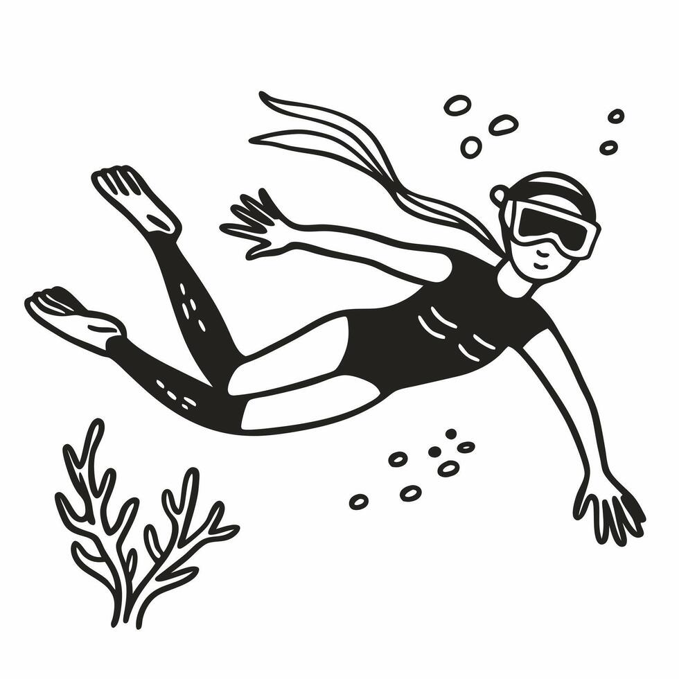 Stylized Black and White Diving Illustration of Snorkeler Underwater Adventure vector