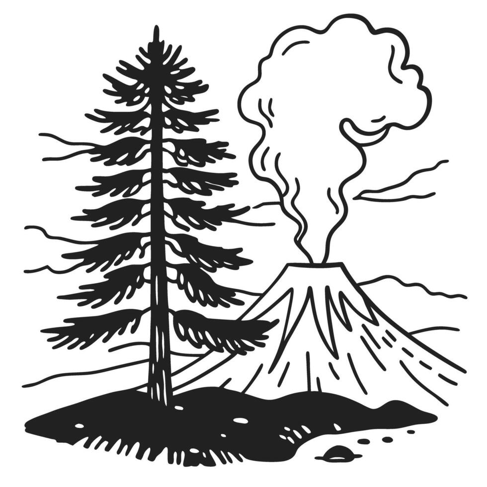 Volcano and pine tree illustration with smoke and mountain scenery vector