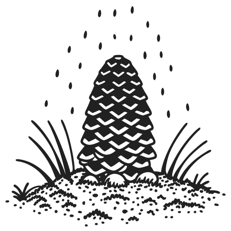 pinecone illustration with falling seeds, black and white nature drawing vector