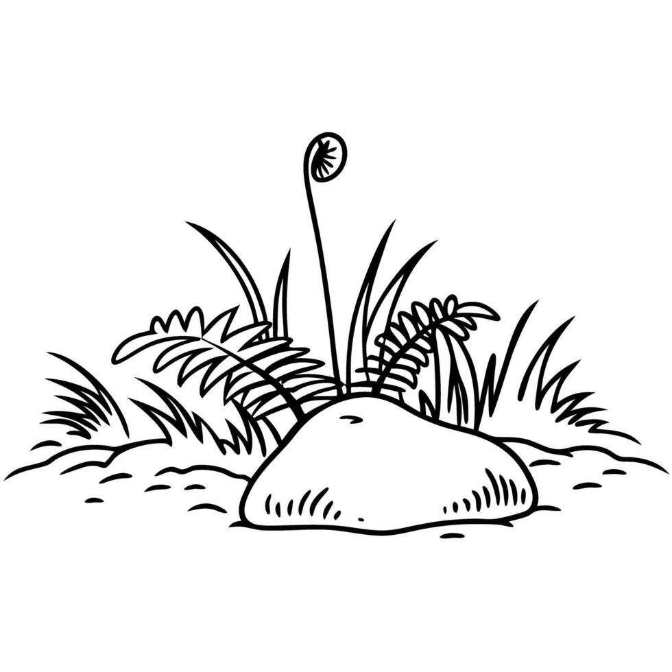 simple black and white line art of a plant with fern and rock in nature scene illustration vector