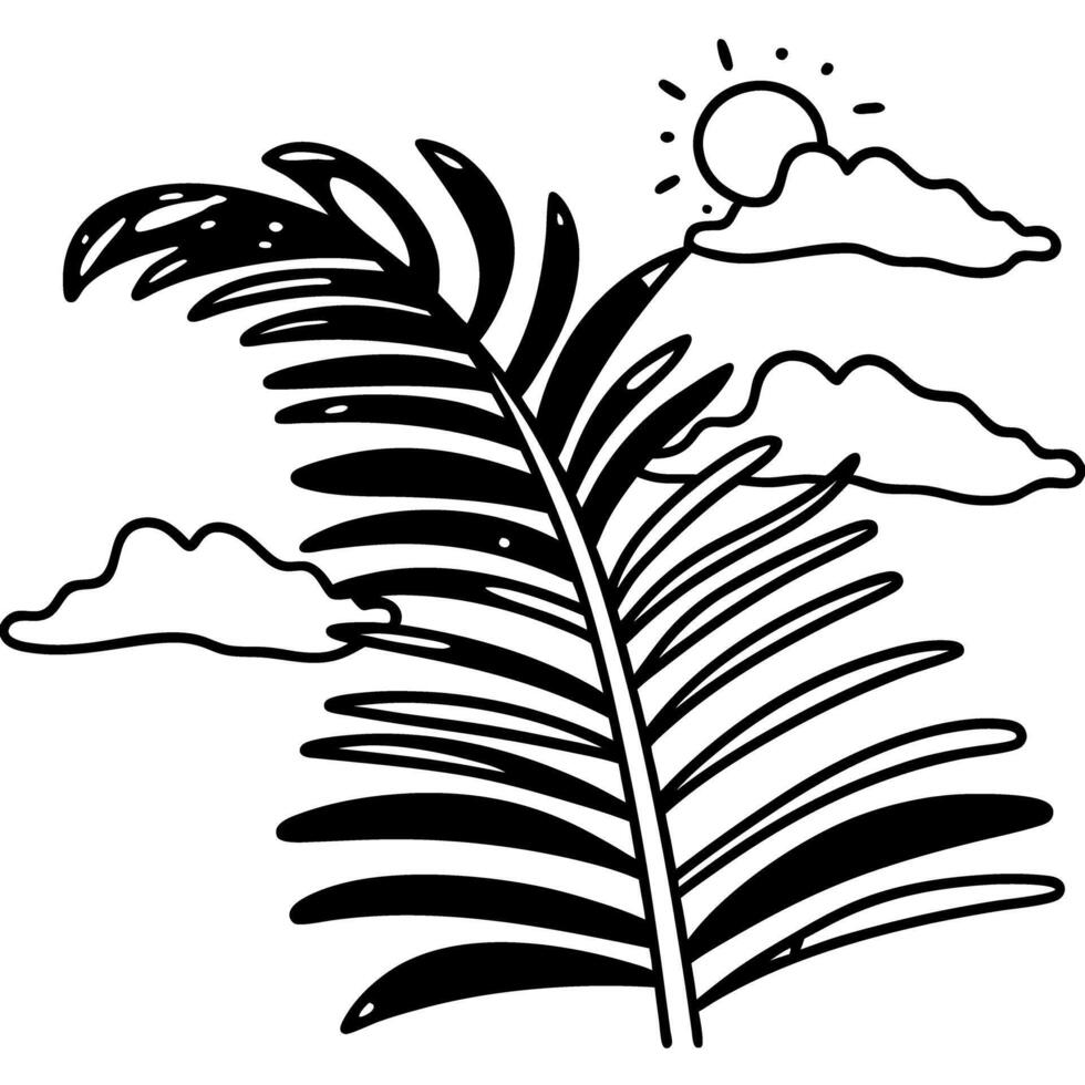 Palm leaf with sun and clouds tropical nature, black and white illustration, serene environment vector