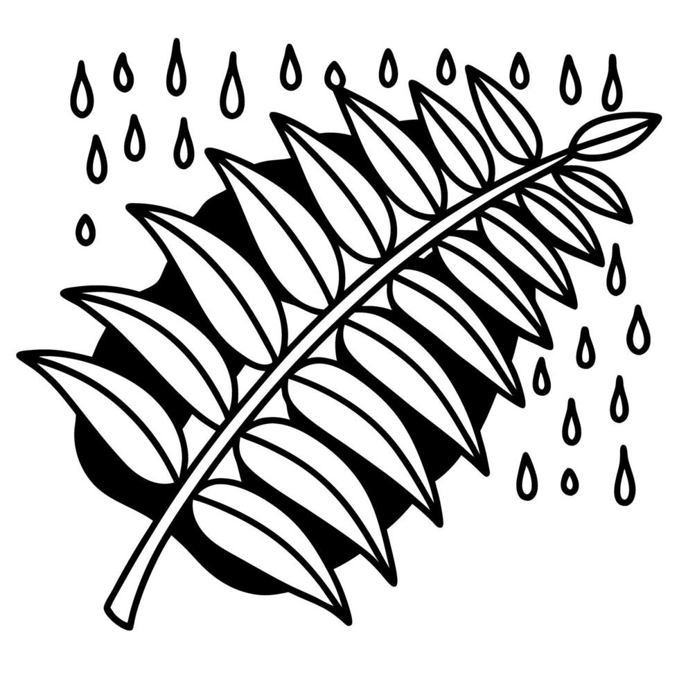Black and white fern leaf with raindrops, nature illustration vector