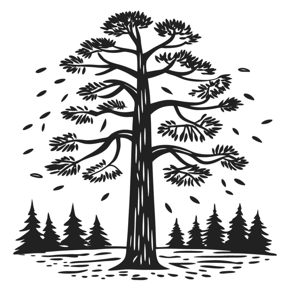 Tall pine tree illustration with falling leaves, surrounded by forest vector