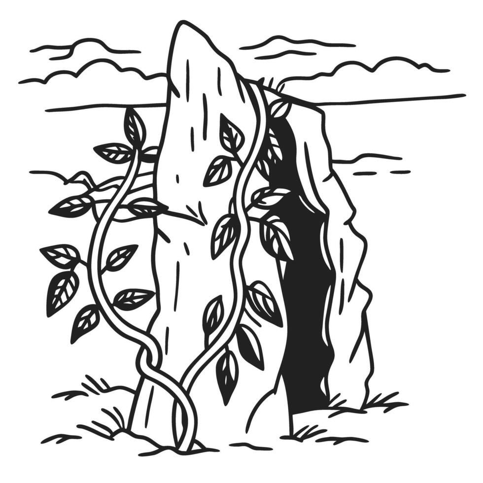 Ancient stone monolith with climbing vine in natural landscape drawing vector