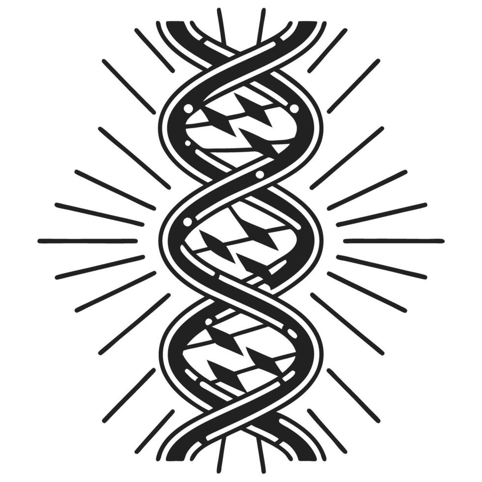 black and white dna helix design with sunburst pattern genetic science, biology, molecular structure illustration vector