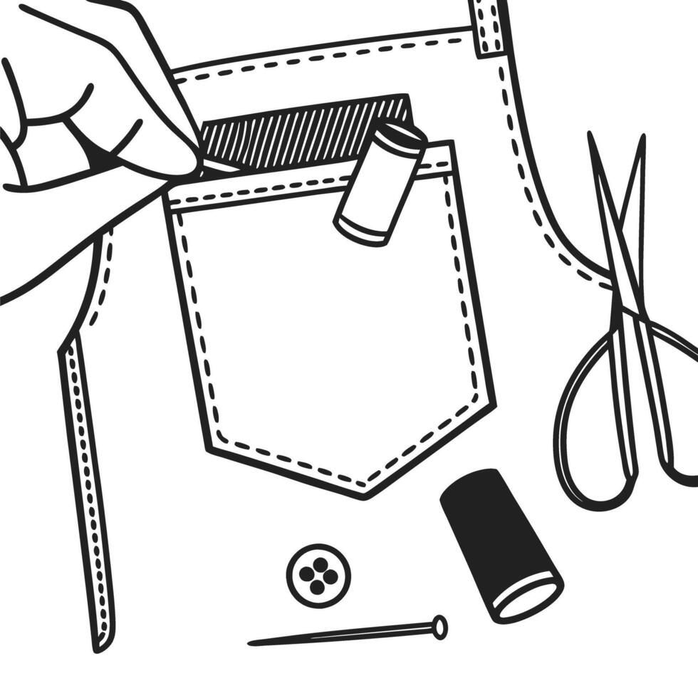 illustration of sewing tools and clothing pocket needle, thread, scissors, button in crafting design vector