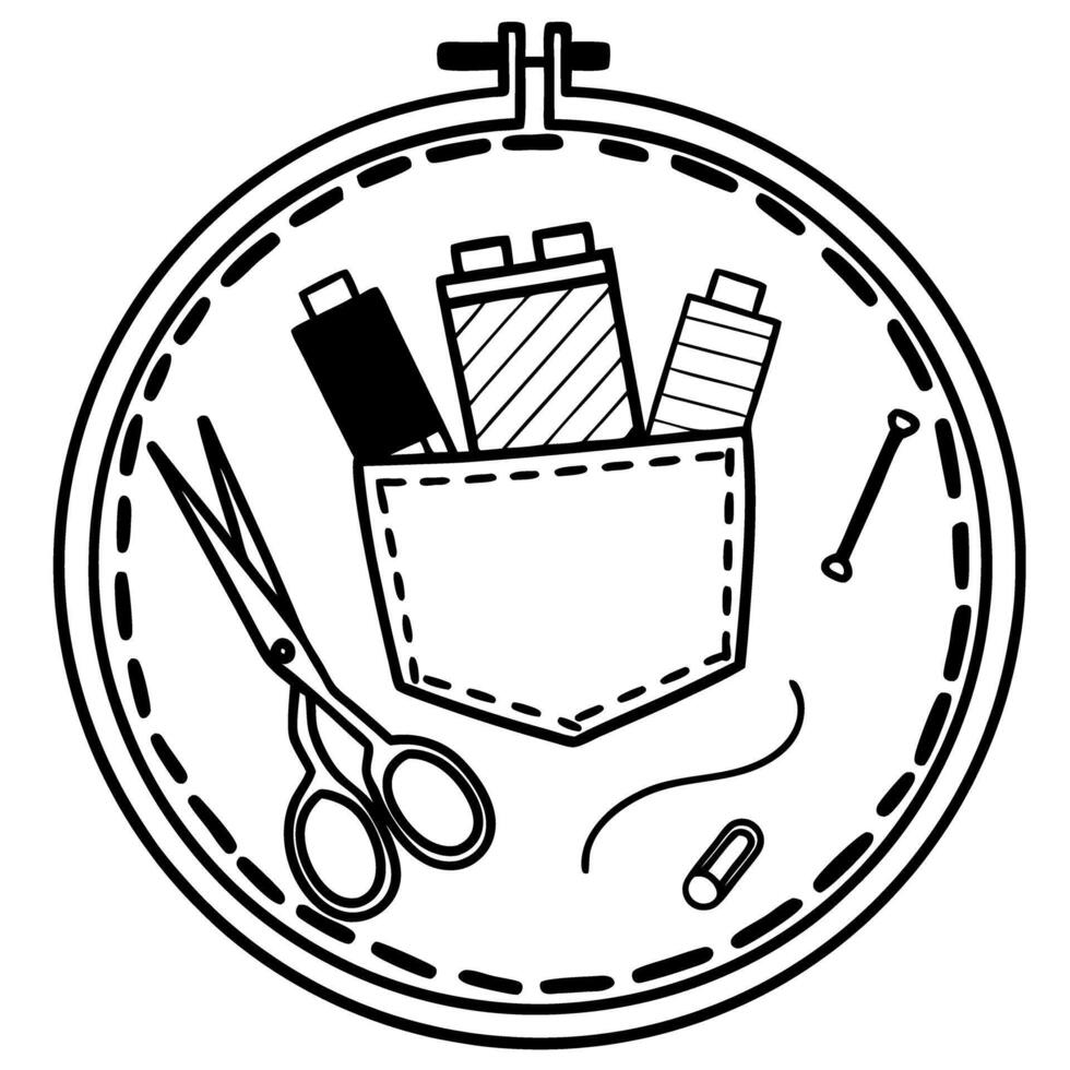 embroidery tools in fabric hoop scissors, thread spools, needles for sewing crafting essentials in black and white illustration vector