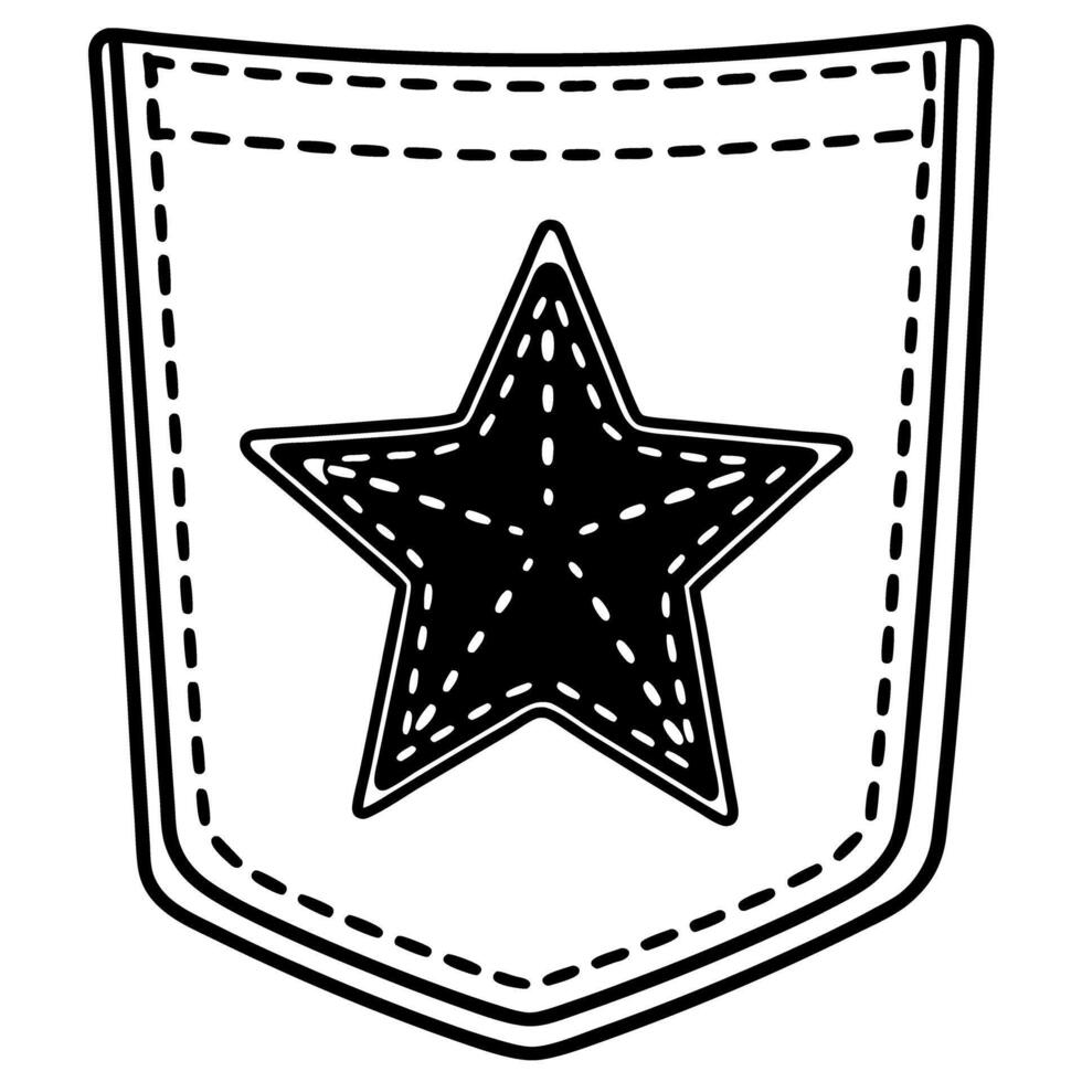 star patch pocket illustration, embroidered design on fabric black and white contrast, simple art vector