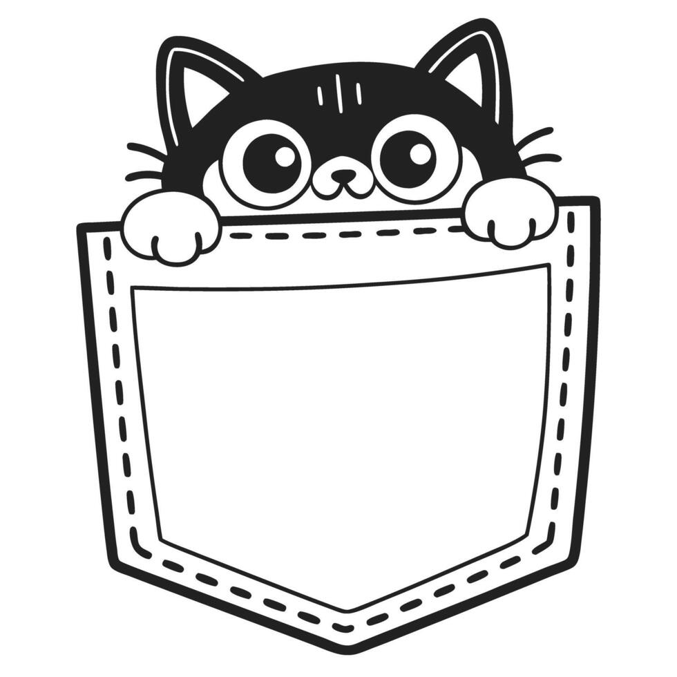 cat peeking from pocket cute black and white illustration, playful kitten design vector