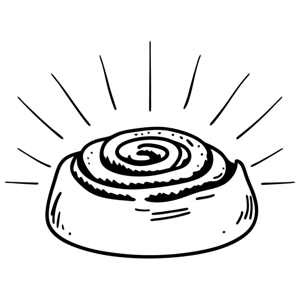 hand drawn cinnamon roll illustration with radiating lines, depicting fresh baked, morning pastry delight vector