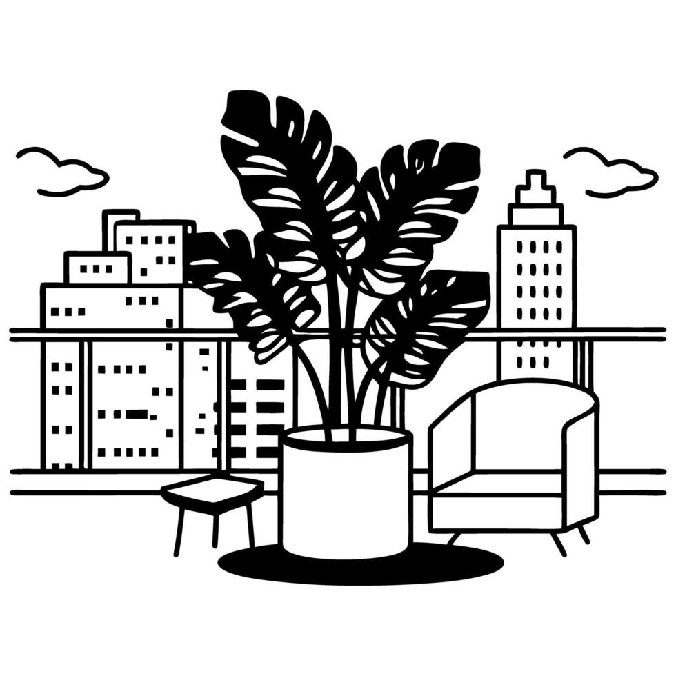 urban rooftop lounge with potted plant city skyline view, modern relaxation space with chair and table vector