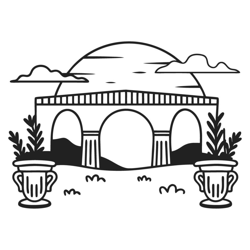 minimalist landscape illustration with archway and vases, line art design vector