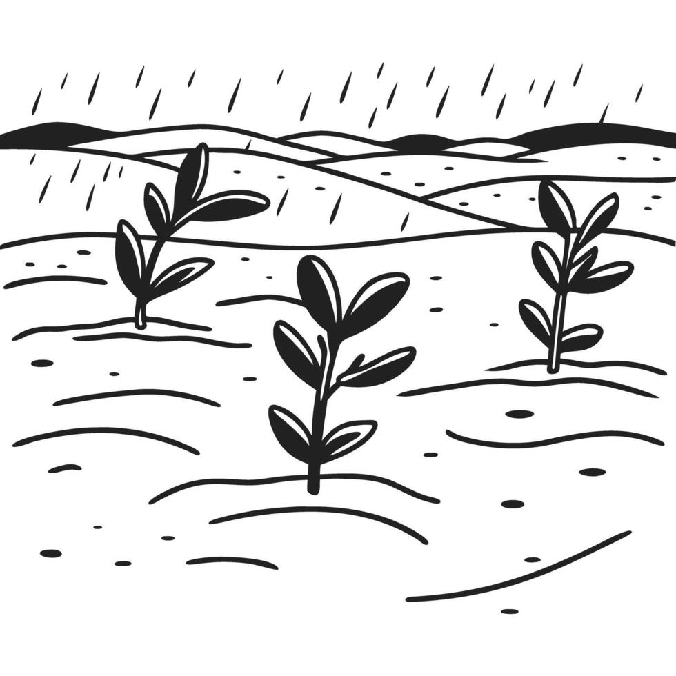 Illustration of rain falling on young plants in a field vector