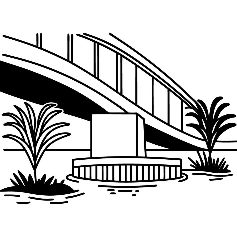 Modern bridge sketch with urban landscaping, minimalist black and white illustration vector