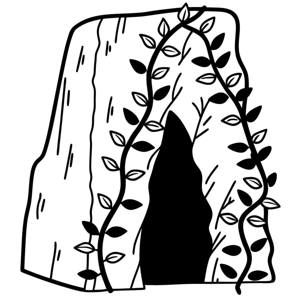 Leafy cave entrance with plant vines, nature and adventure illustration vector