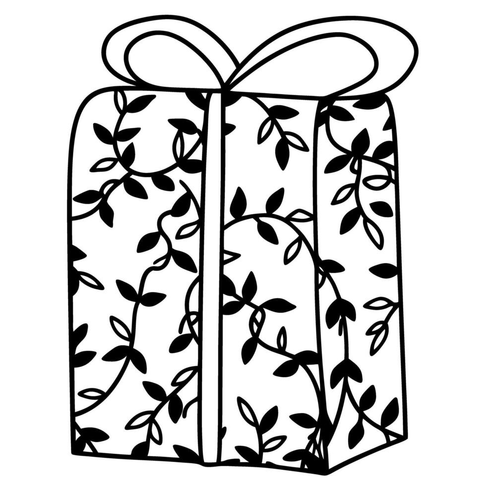 Gift wrapped with decorative leaf pattern, present box with ribbon and bow, nature inspired design vector