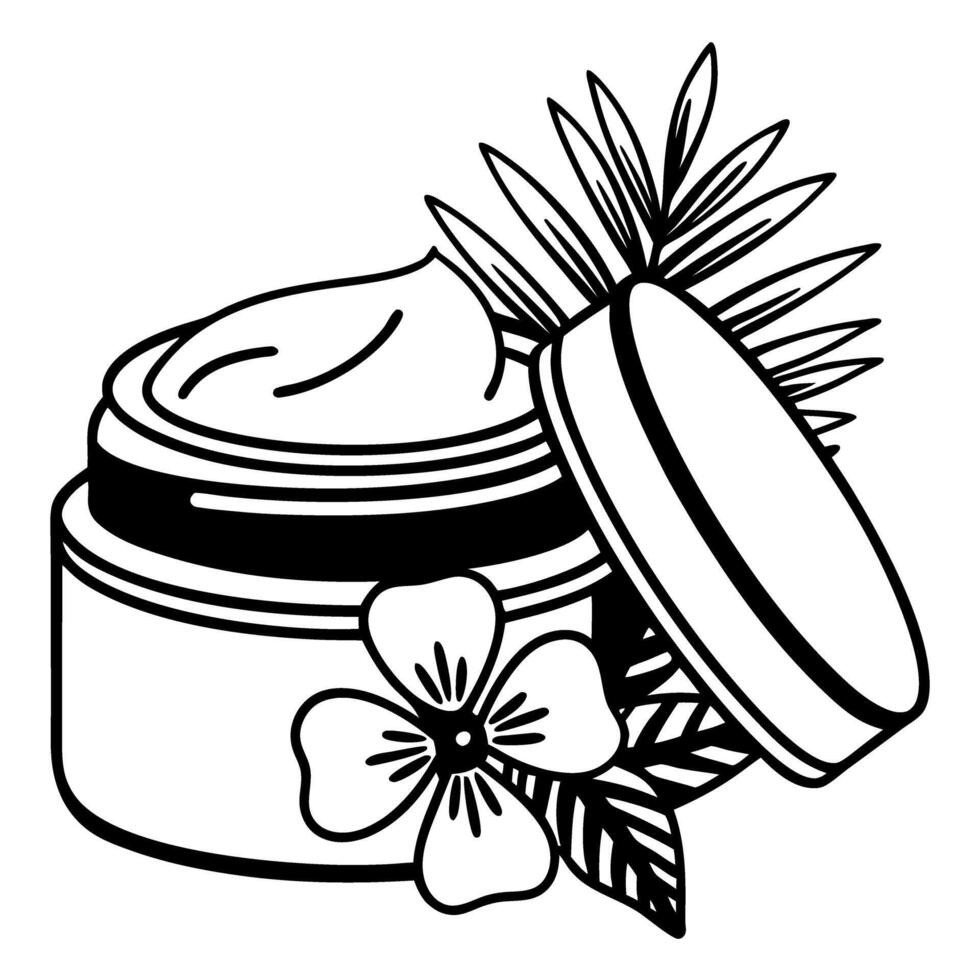 Black and white skincare illustration cream jar, flower, leaves, natural beauty vector