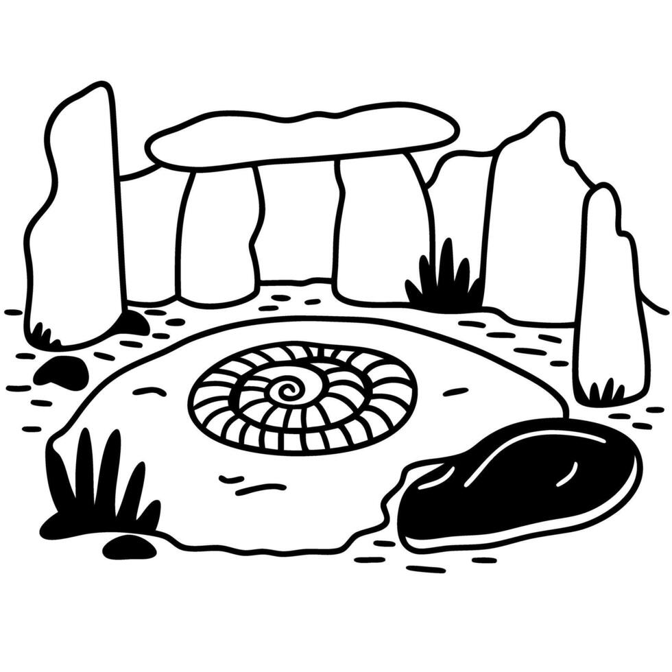 Stonehenge silhouette with spiral stone, prehistoric monument, ancient mystery concept vector
