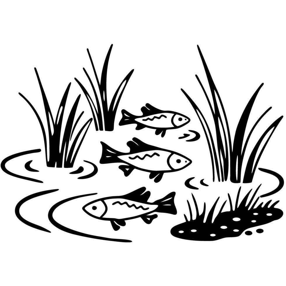 Stylized black and white fish swimming in pond with aquatic plants, natural wildlife scene illustration vector