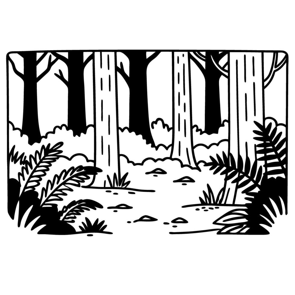 Black and white forest scene with trees, ferns, and pathway in minimalist vector
