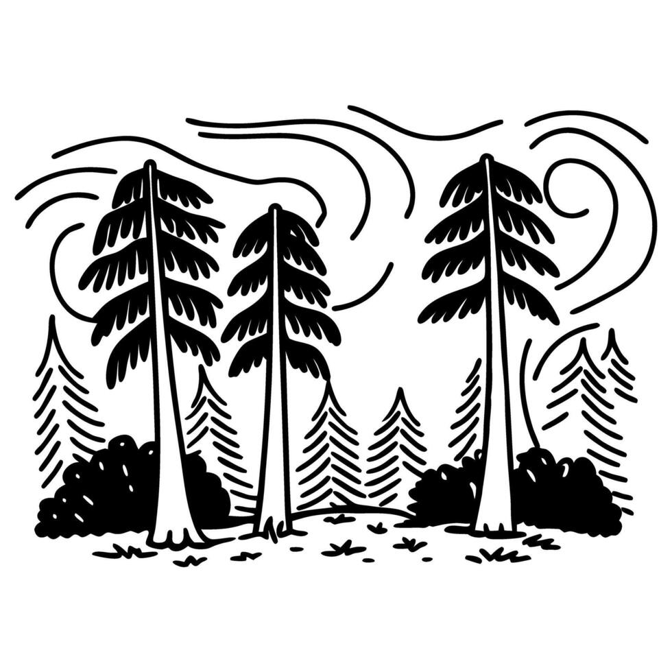 Stylized forest illustration with tall trees and swirling wind patterns vector
