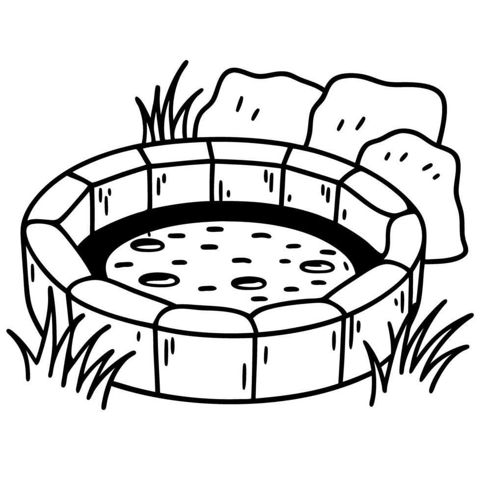 pond with rocks and grass simple line art illustration vector