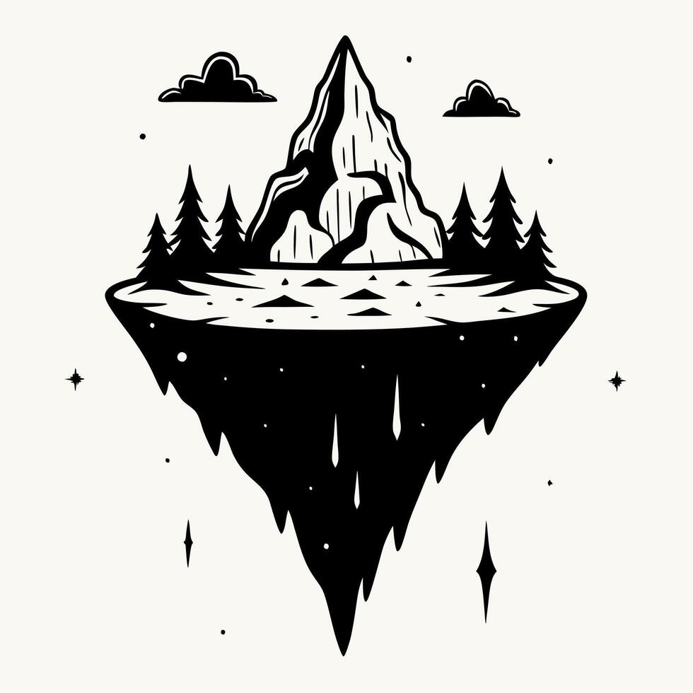 Floating Island with Mountain and Pine Trees in Minimalist Black and White Art vector