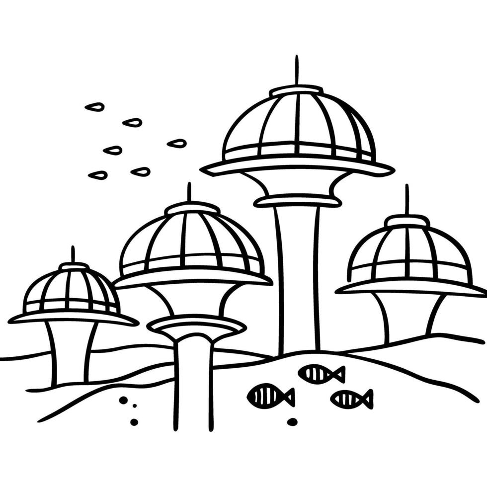 Futuristic underwater city with dome structures and marine life vector