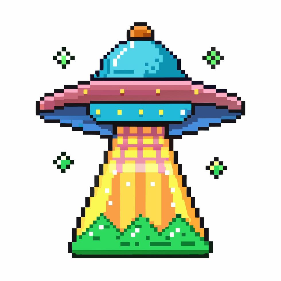Colorful Pixel Art UFO with Alien Beam and Sci Fi Aesthetic vector