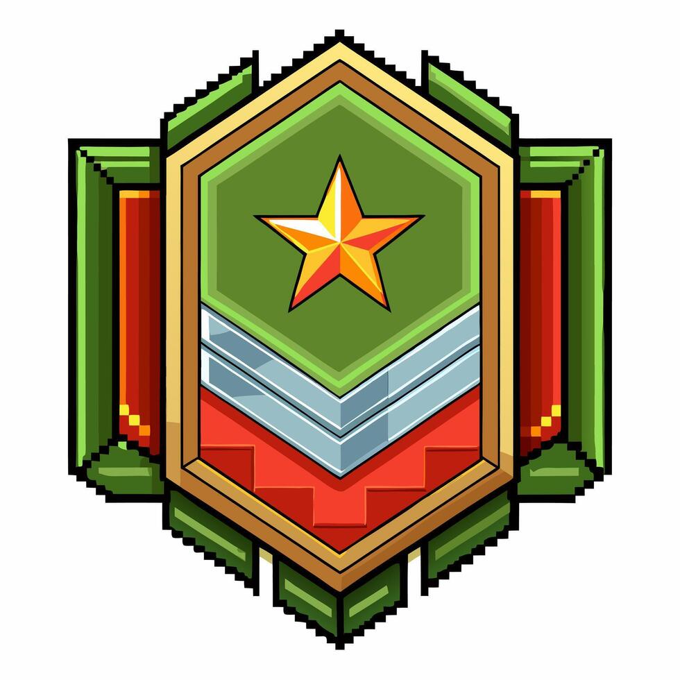 Retro Military Badge with Star and Geometric Layers in Pixel Art Style vector