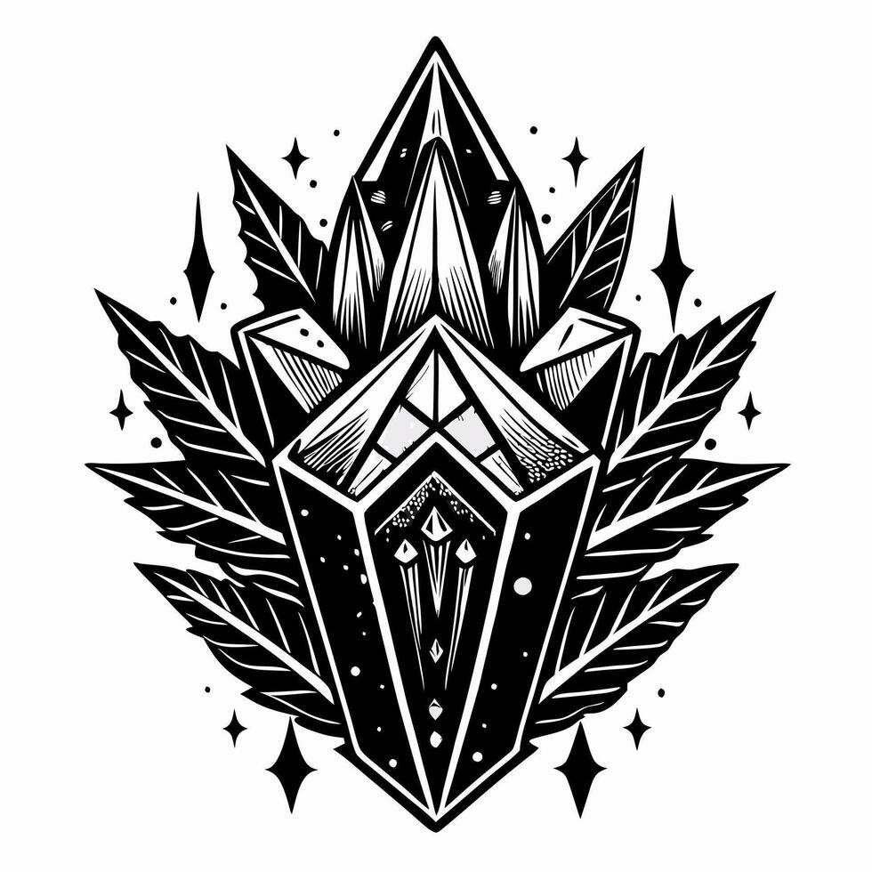 Intricate Geometric Crystal with Leaf Motif in Black and White Art vector