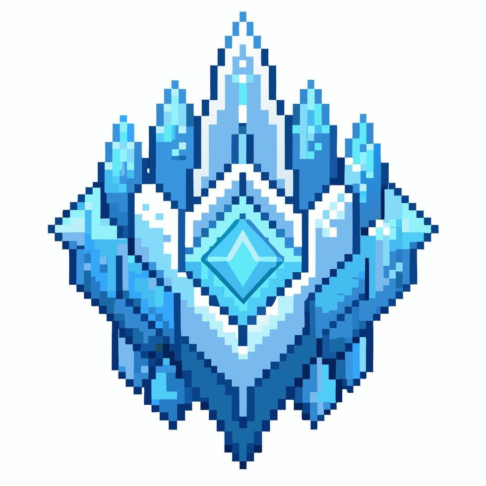 Pixel Art Ice Crystal Emblem with Symmetrical Geometric Design and Blue Tones vector