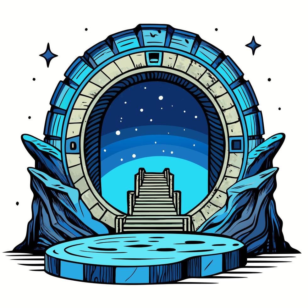 Futuristic Space Portal with Starry Sky and Mountain Landscape vector