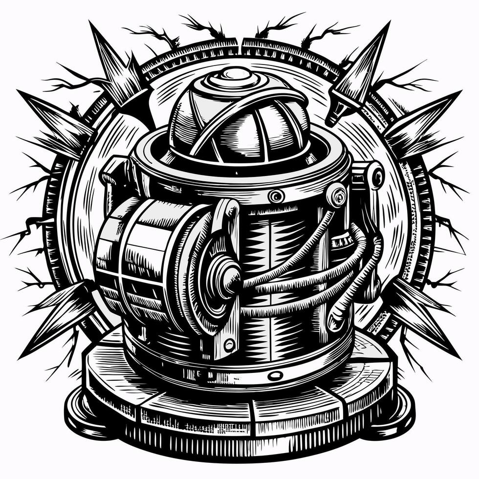 Futuristic Mechanical Device Illustration in Black and White with Detailed Components vector