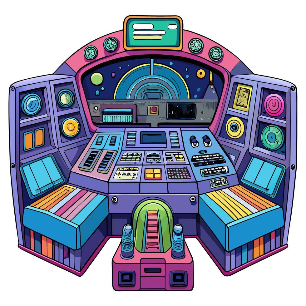 Futuristic Spacecraft Cockpit with Vibrant Controls and Cosmic View vector