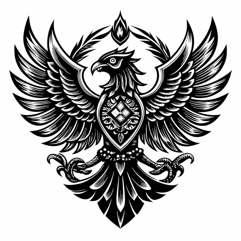 Majestic Ornate Eagle Crest with Intricate Feather Design on White Background vector