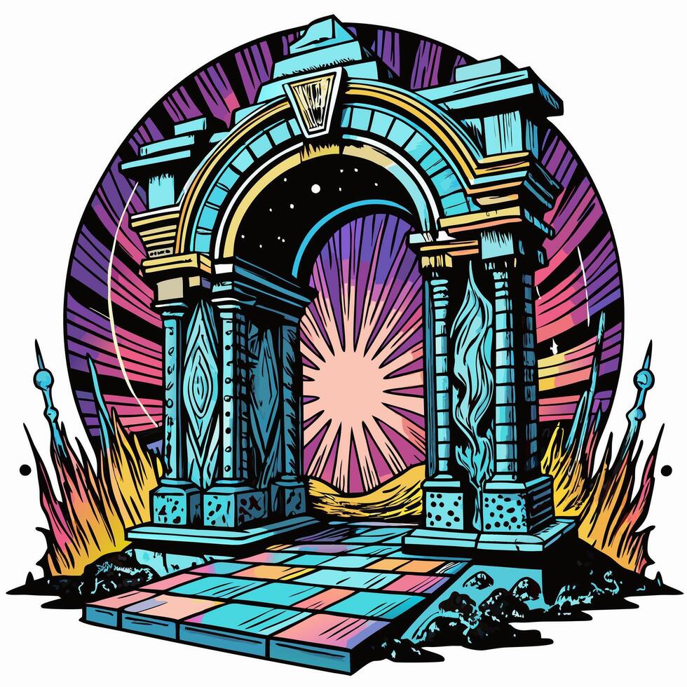 Fantasy Portal Archway with Cosmic Sunset Background Vibrant Art vector