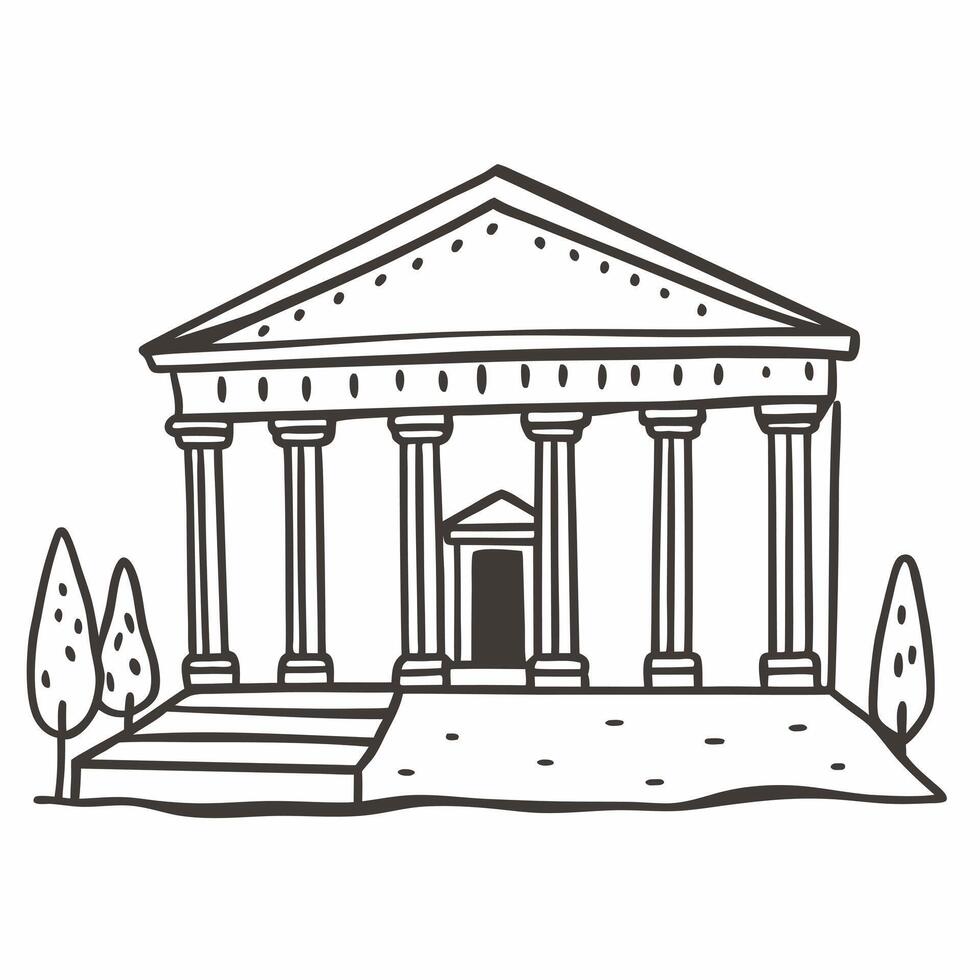Classic Architecture Line Art Historic Building with Columns and Trees vector
