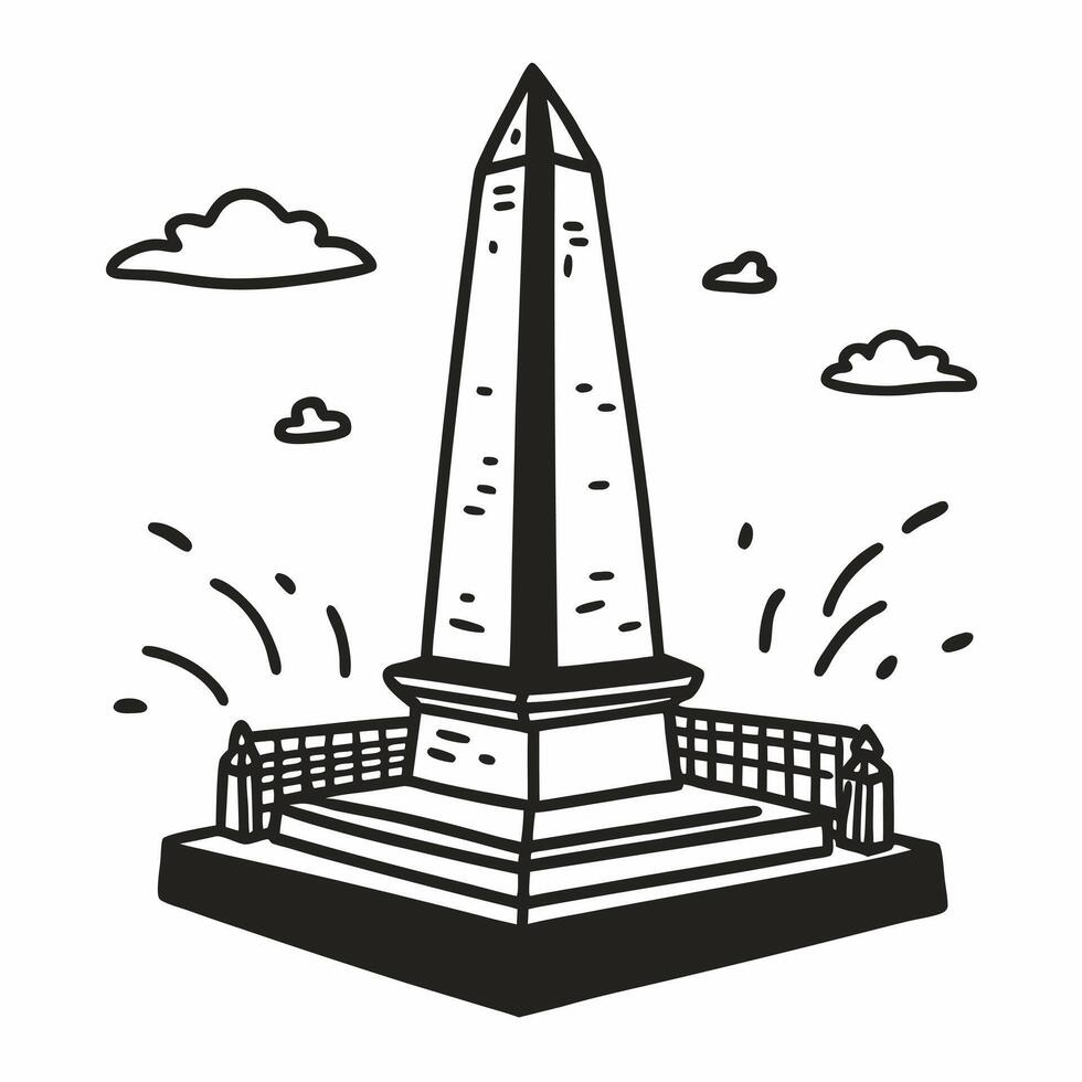 Hand Drawn Monumental Obelisk Illustration with Clouds and Fence vector
