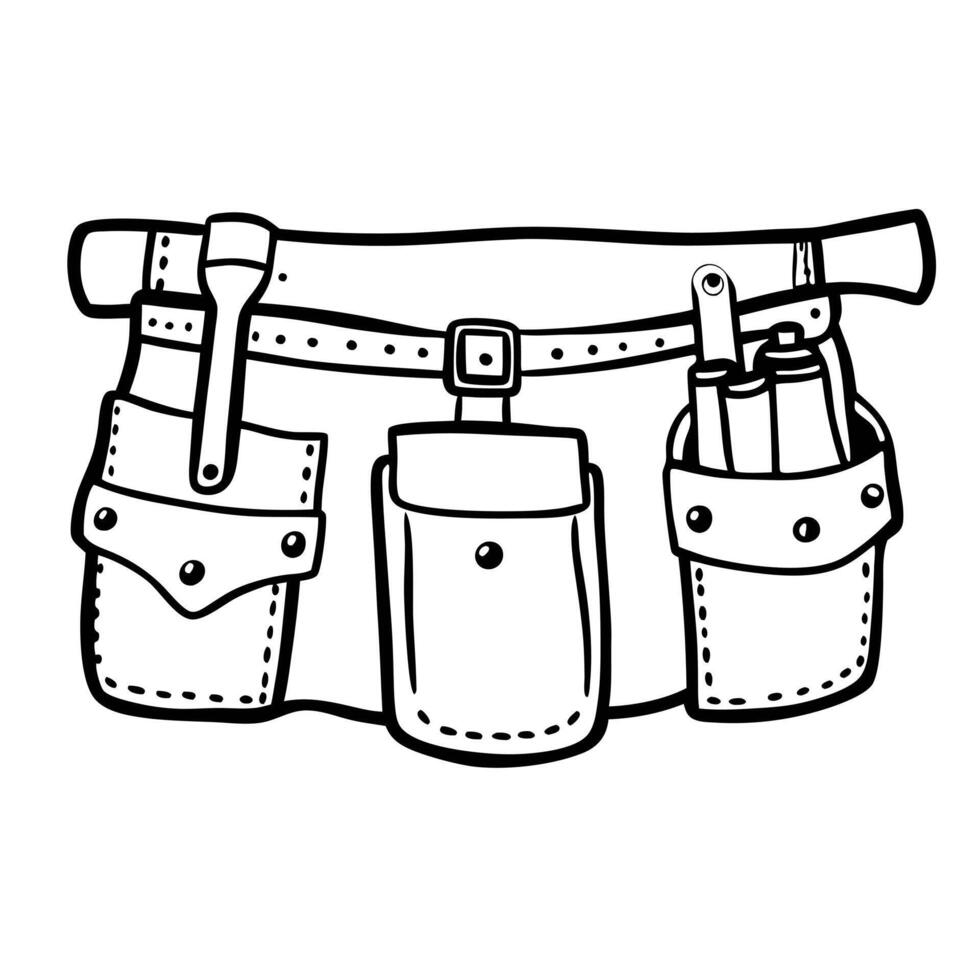 Black and White Line Art of Utility Tool Belt with Pockets and Tools vector