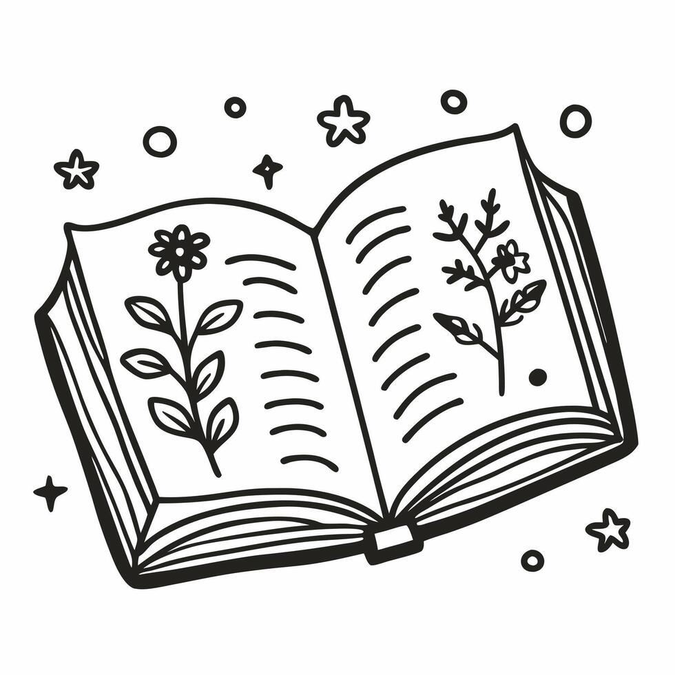 Whimsical Doodle of an Open Book with Floral Illustrations and Stars vector