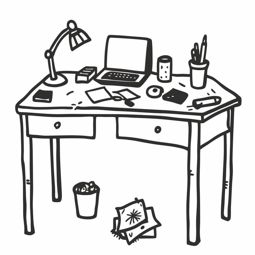 Hand Drawn Workspace Illustration with Laptop and Office Supplies vector