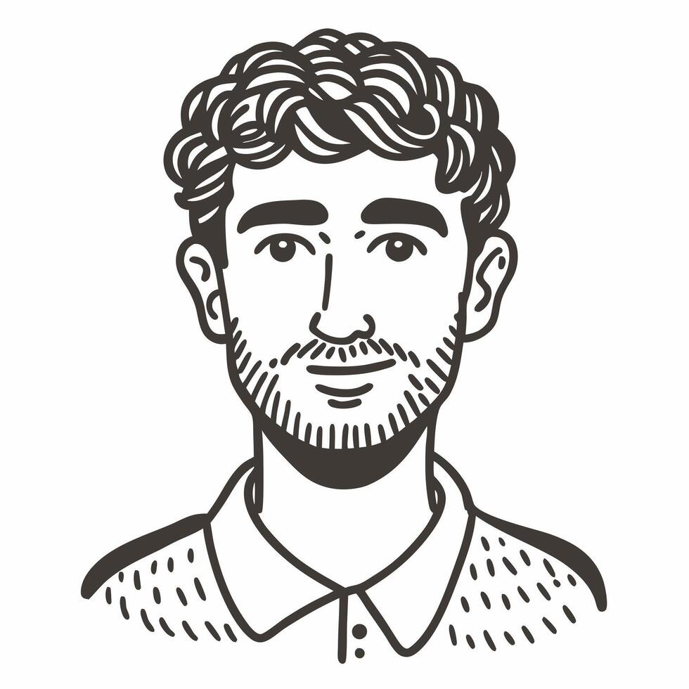 Hand Drawn Portrait of Bearded Man with Curly Hair and Casual Shirt in Style vector