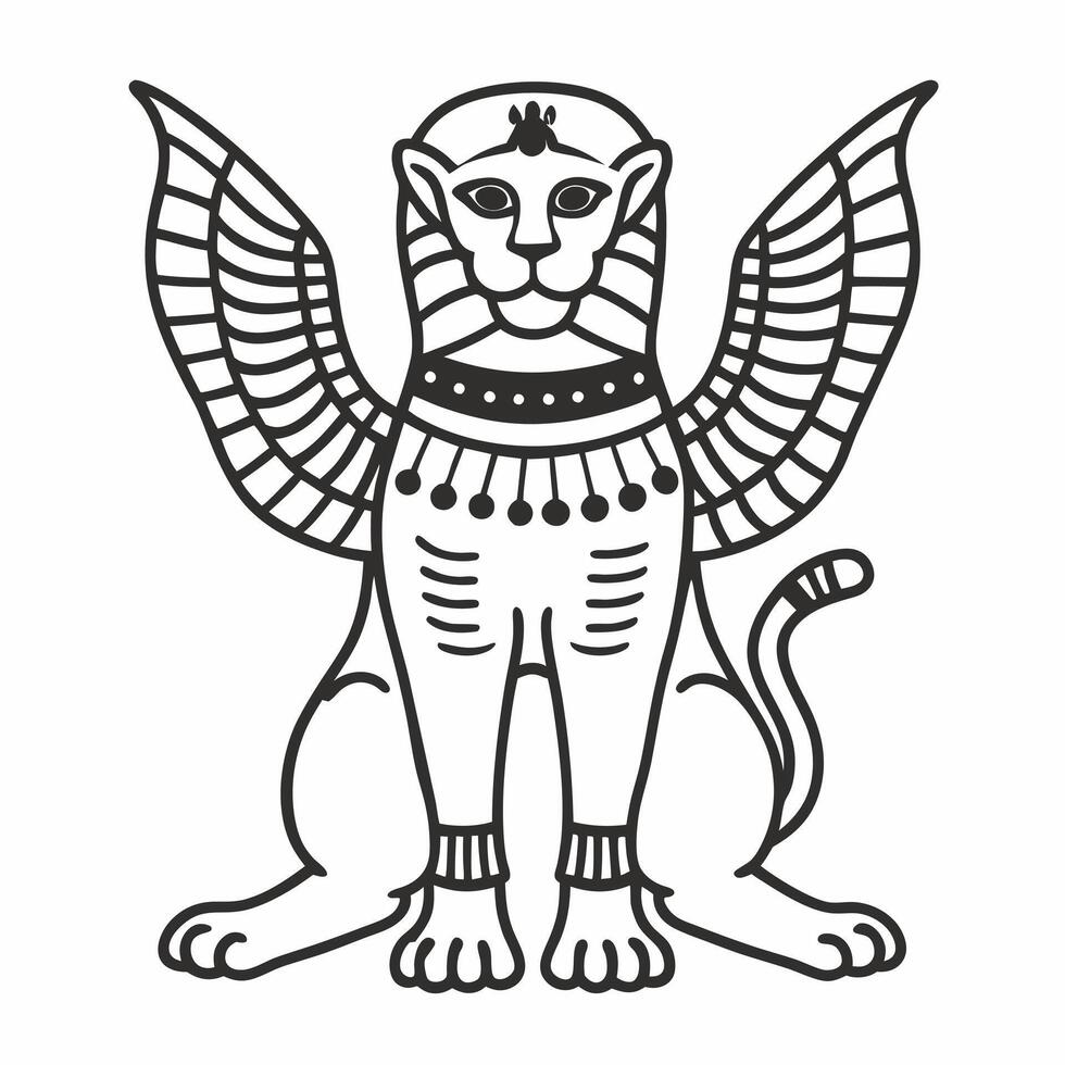 Winged Mythical Creature Illustration Ancient Sphinx Line Art vector