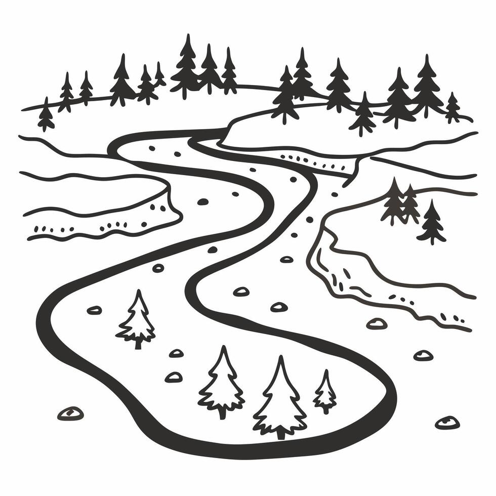 Scenic Hand Drawn River Landscape with Trees and Hills in Black and White vector
