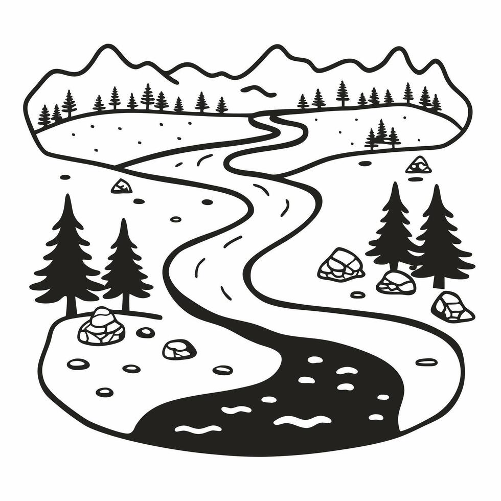 Monochrome Mountain Landscape with River and Pine Trees Art vector