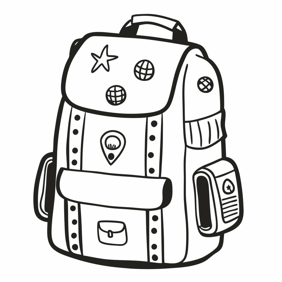 Outline of Stylish Backpack with Travel Themed Patches vector