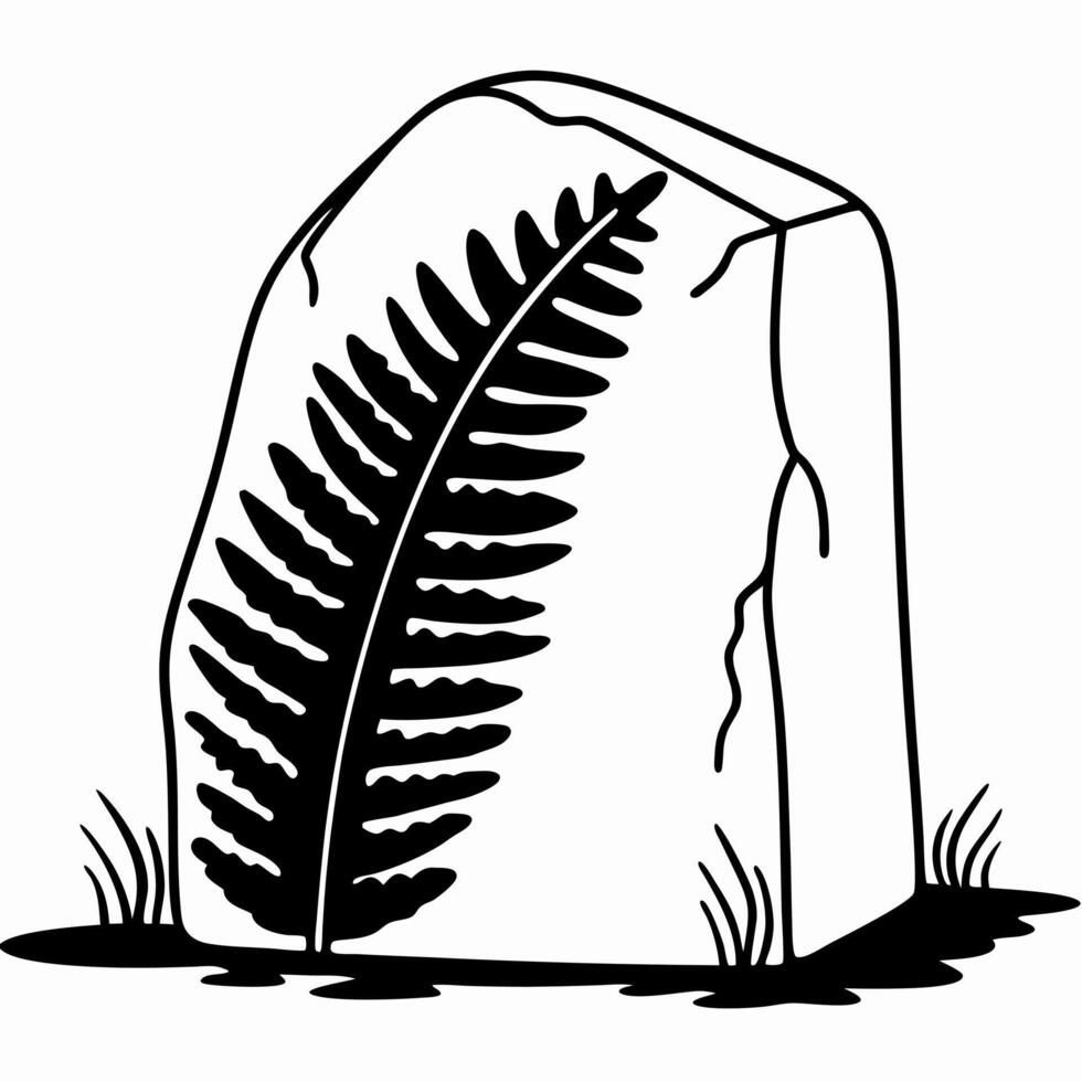Ancient fern fossil on stone monochrome illustration, nature, prehistoric leaf imprint, geology study vector