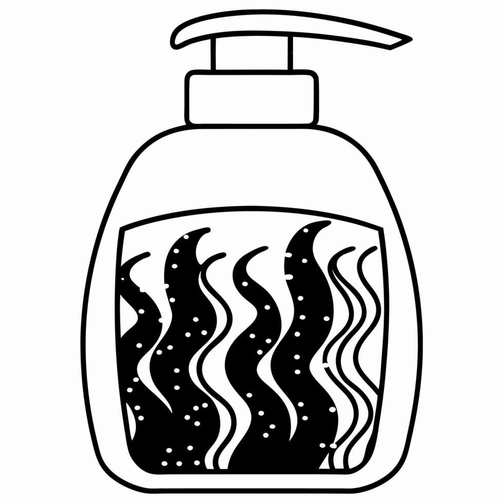 black and white illustration of soap dispenser with wavy liquid design simple hygiene product art, hand drawn vector