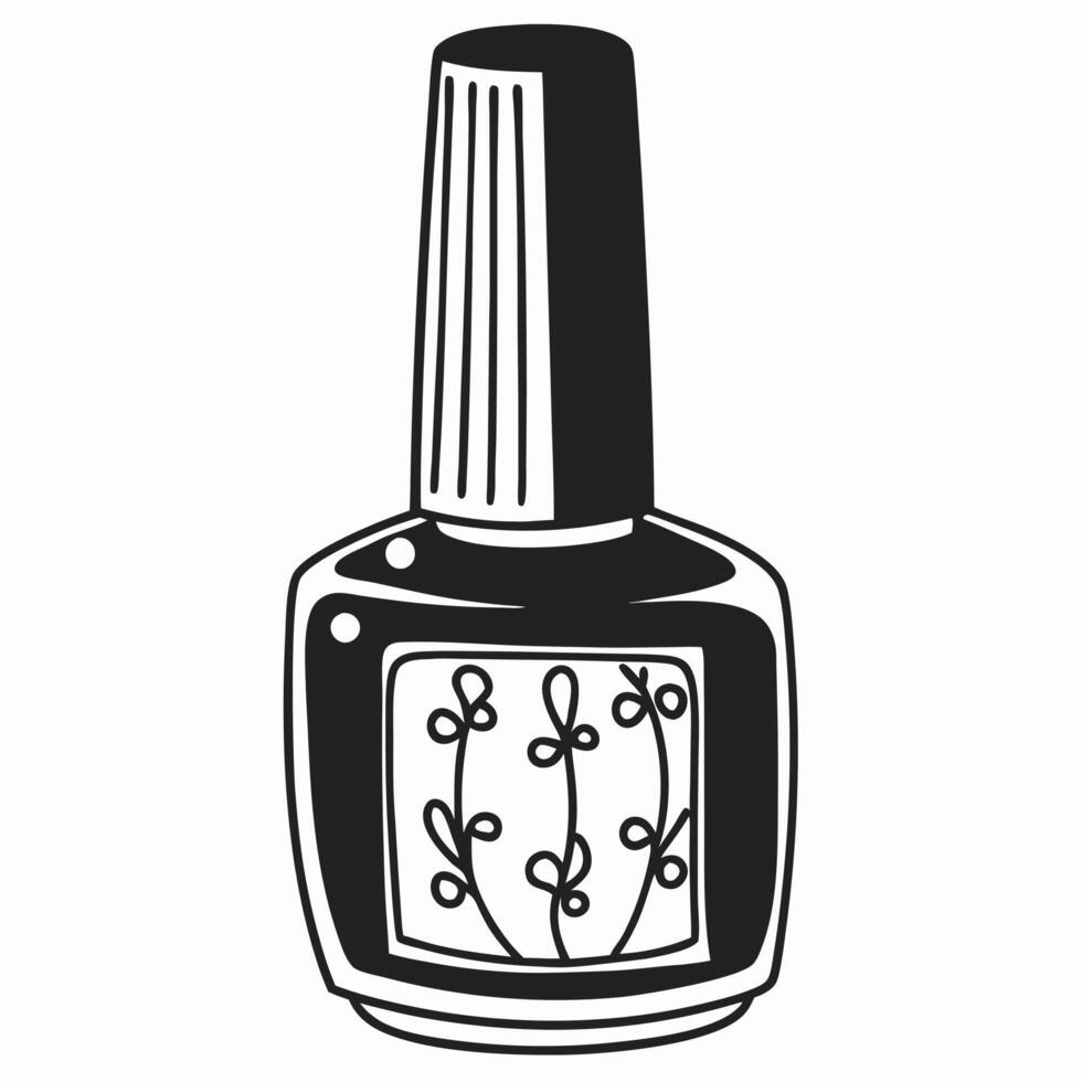 Stylized black and white nail polish bottle illustration with floral design vector